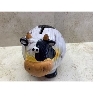 Vintage Ceramic Cow Piggy Bank - Hand Painted -